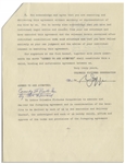 Three Stooges Agreement Signed Regarding the Film ''Have Rocket, Will Travel'' -- From May 1960, Signed Twice by Moe & Also Signed by Larry Fine & Joe DeRita -- 5pp. Measures 8.5'' x 11'' -- Near Fine